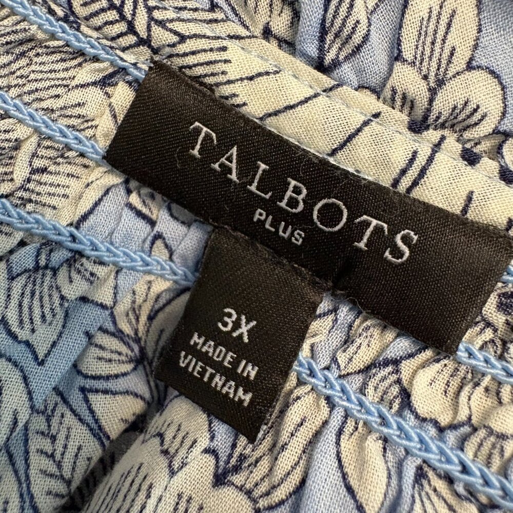 Talbots Plus Blue Floral Smocked Neck Blouse 3X Cotton - Picture 6 of 8
